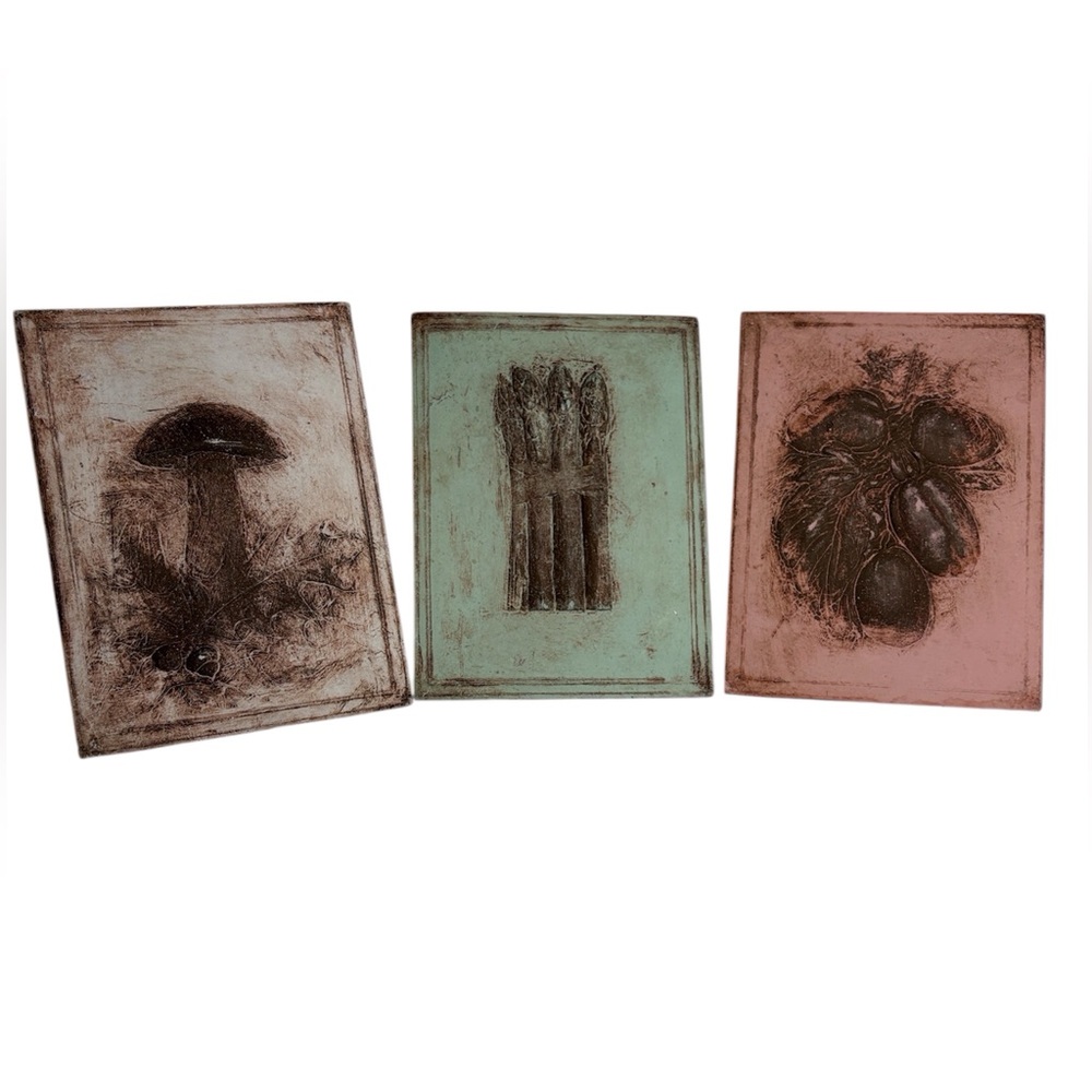 Richard Abbott Evergreen Pottery Botanical Relief Tiles-Set of 3- Vintage 1990s